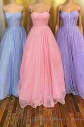 Princess Light Blue A-line Straps Long Semi Formal Prom Gown